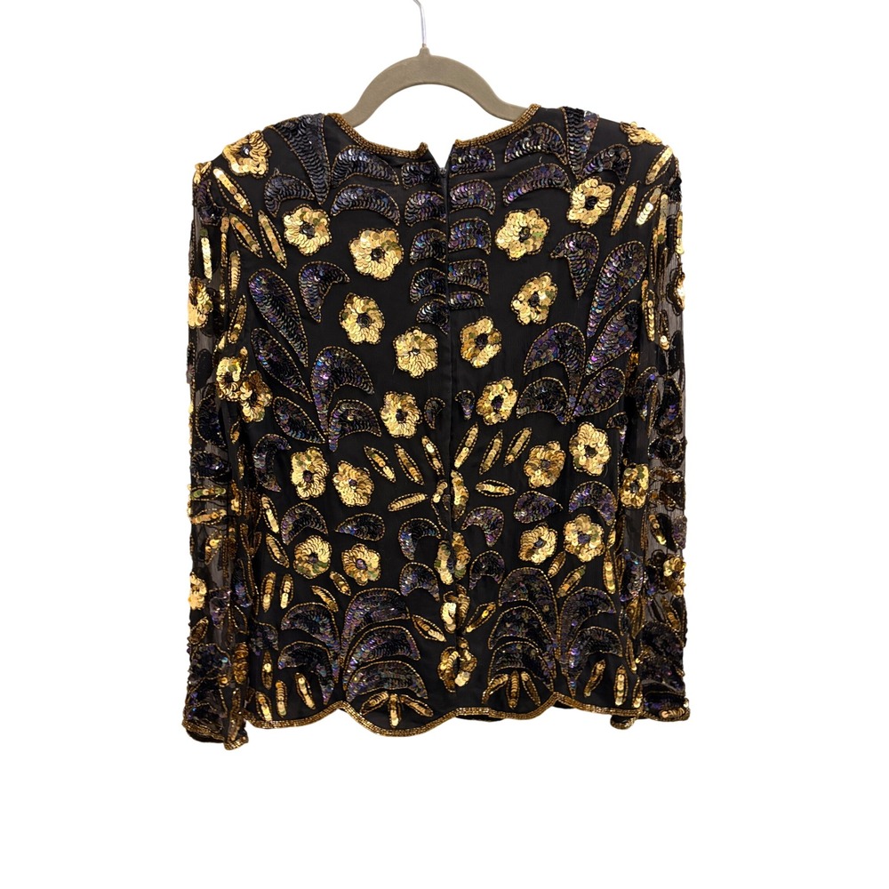 Stenay Vintage 80s Silk Sequin Beaded Top Gold Black Floral Evening Blouse Small - Picture 2 of 4